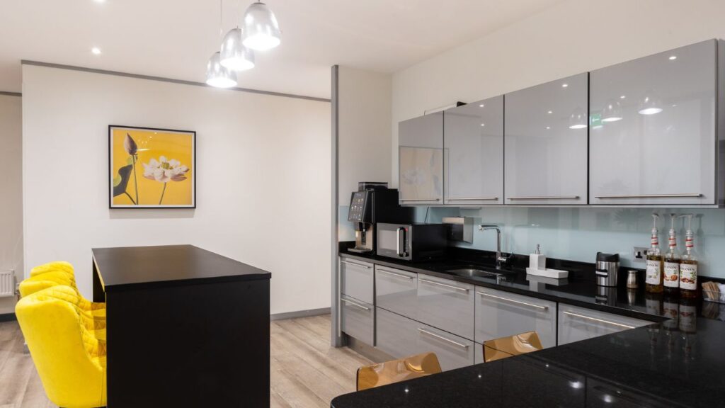 Pet-friendly office with designated areas for employees and pets.