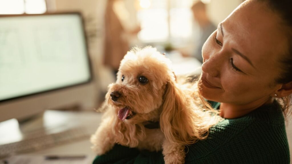 Employees taking photos with their pets at a workplace event.